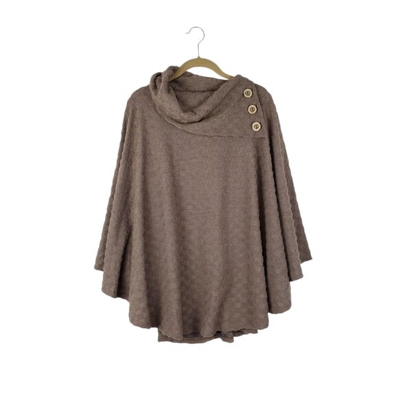 Three Bird Nest Poncho Split Button Neck Soft Cozy Brown Checkerboard Size Large - Picture 1 of 5